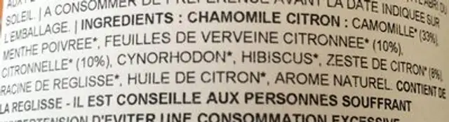 Infusion camomille citron ingredients label