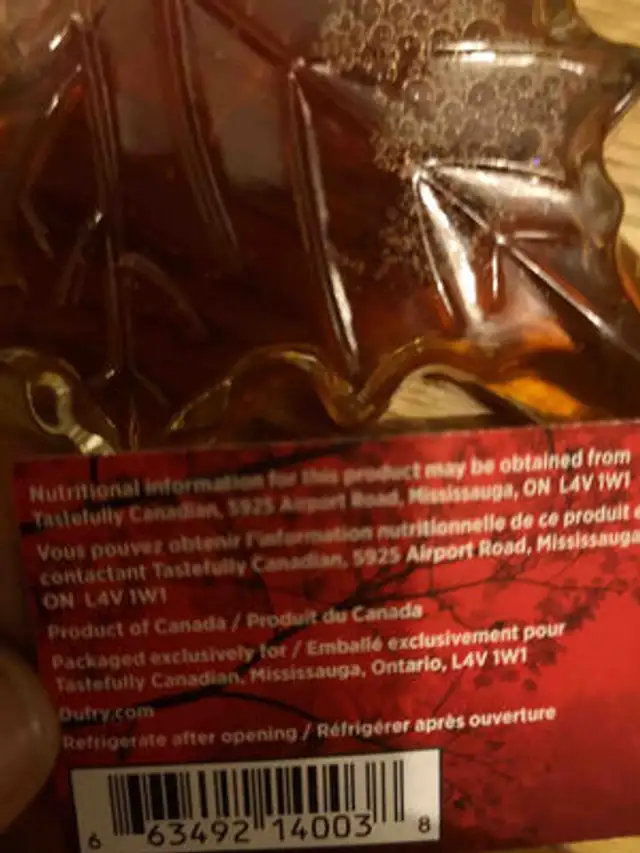 Maple syrup ingredients label