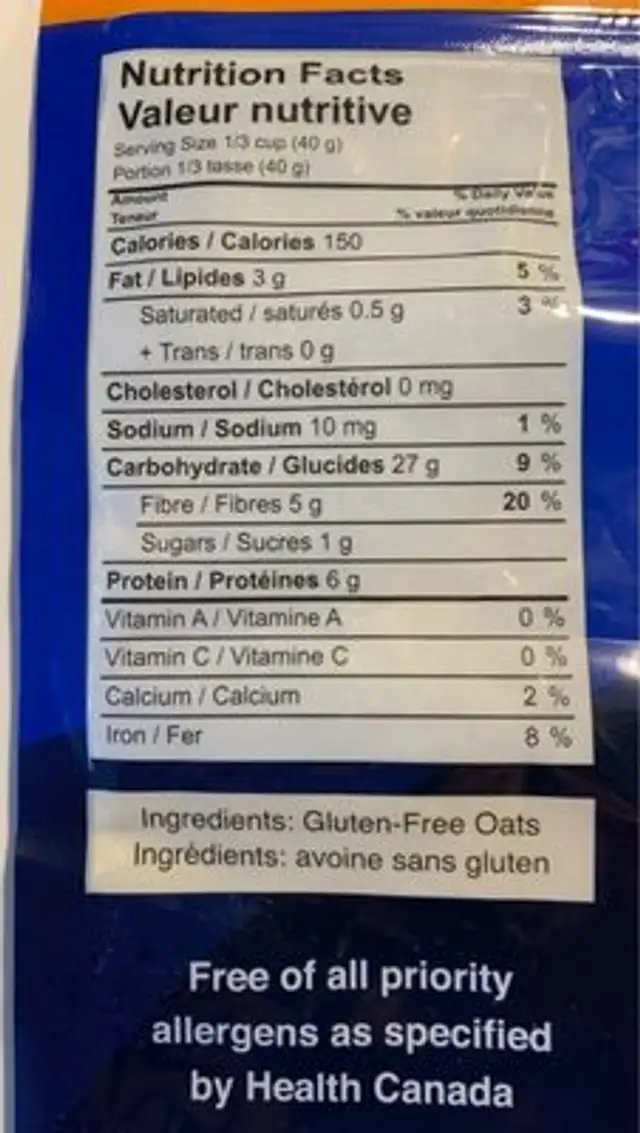 Rolled oats nutrition facts table