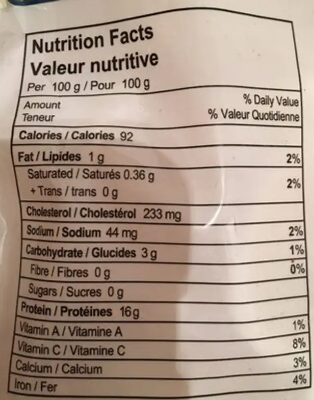 Squid Rings nutrition facts table