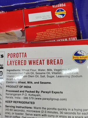 Porotta Layered Wheat Bread ingredients label