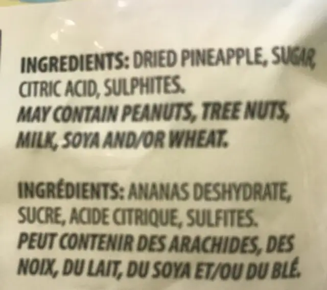 Ananas séchés ingredients label