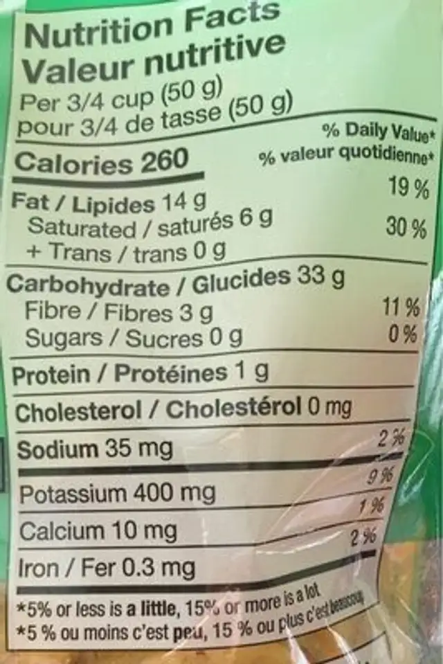 Salted Plantain Chips nutrition facts table