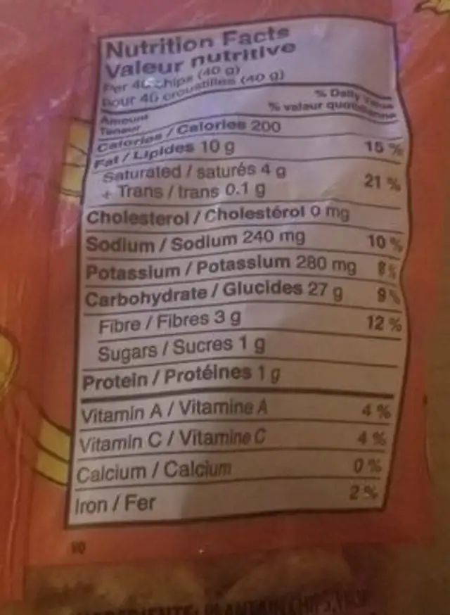 Croustilles de plantain nutrition facts table