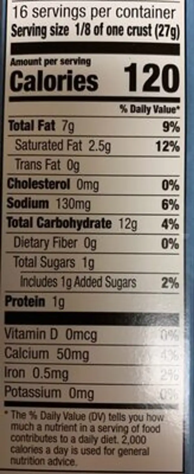 Refrigerated pie crusts ready to bake nutrition facts table
