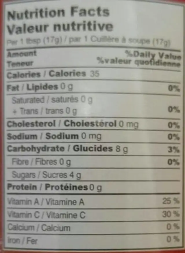 Chilli garlic sauce nutrition facts table