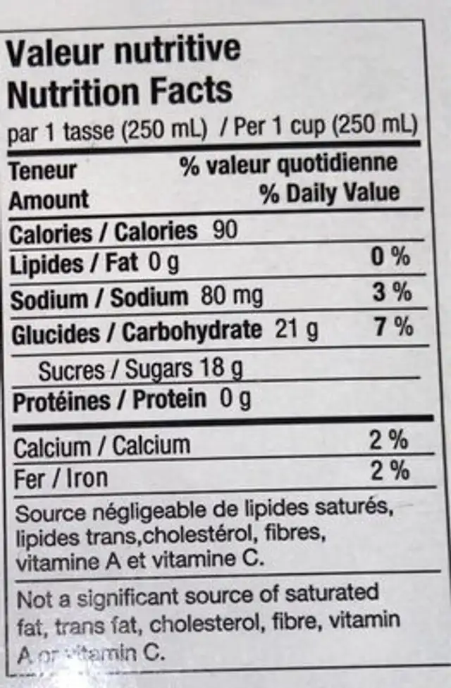 Jus de pommes frais nutrition facts table