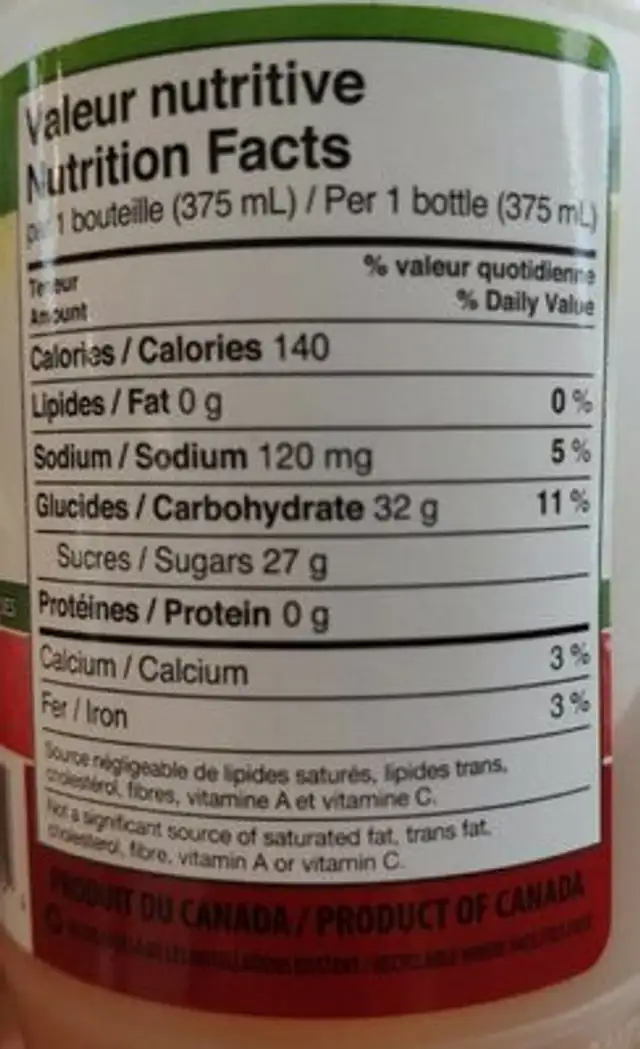 Jus de pommes nutrition facts table