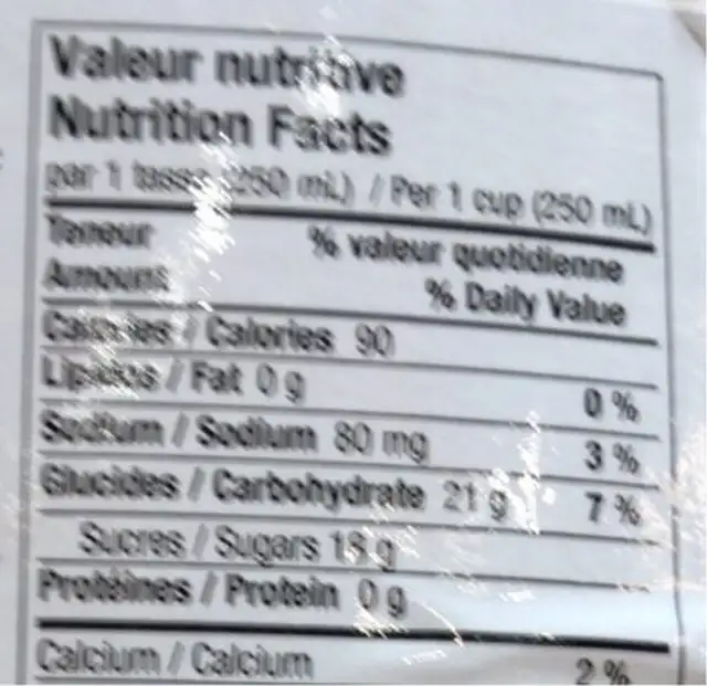 Jus de pomme Huck's nutrition facts table