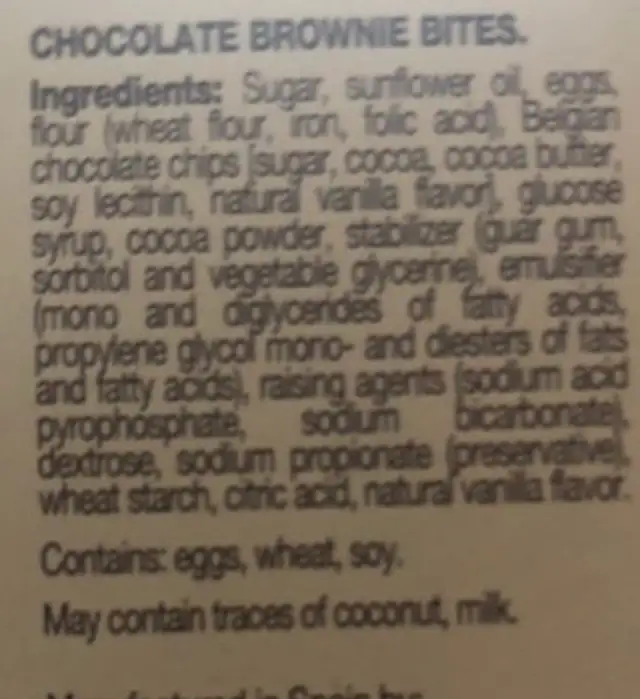 Mr Brownie ingredients label