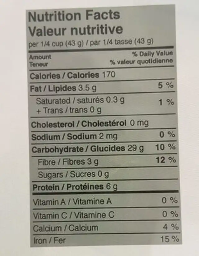 Quinoa bio nutrition facts table