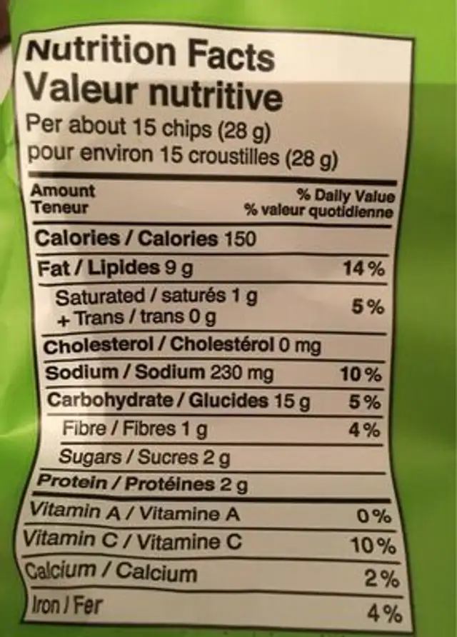 Sour Cream & Onion Gormet Potato Chips nutrition facts table