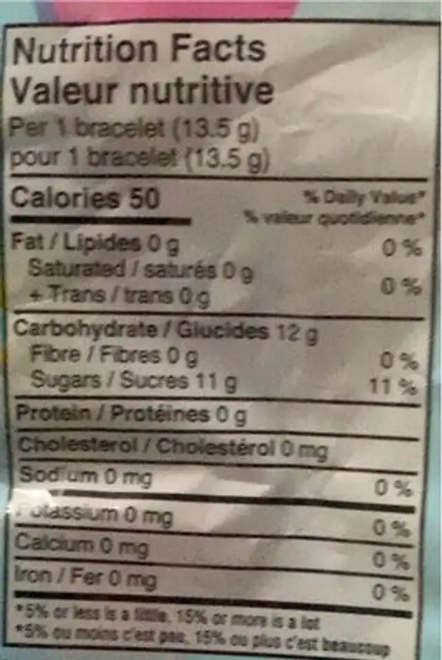 Bracelets en bonbon nutrition facts table