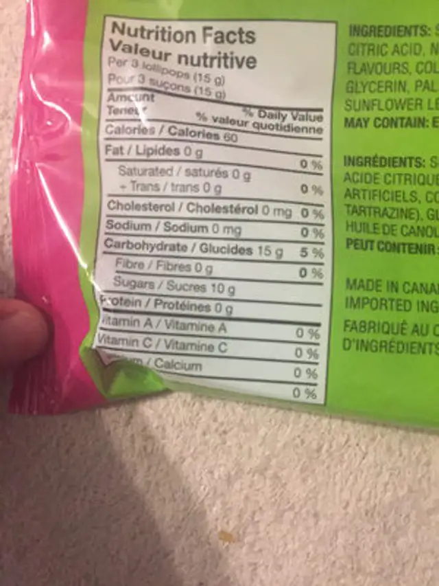 Sucette ingredients label