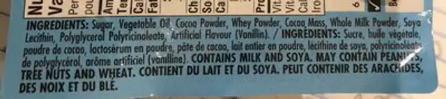 Friandises chocolatees ingredients label