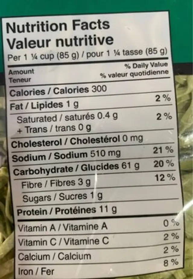 Spinach Noodles nutrition facts table