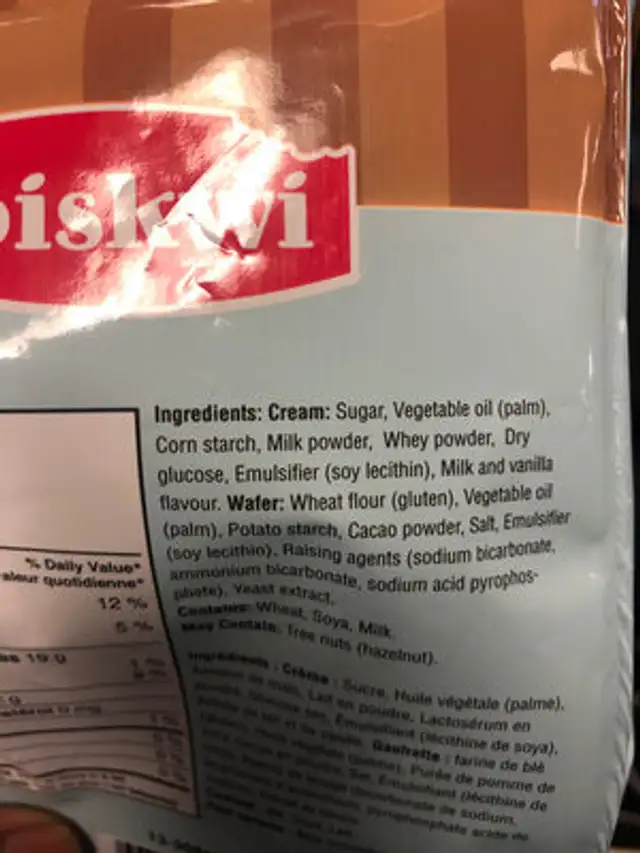 Bouchées de gaufrettes ingredients label