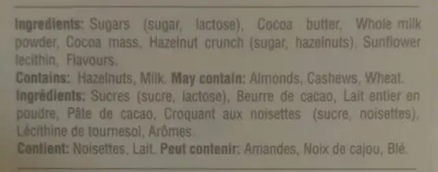 Milk Chocolate Hazelnut Crunch ingredients label