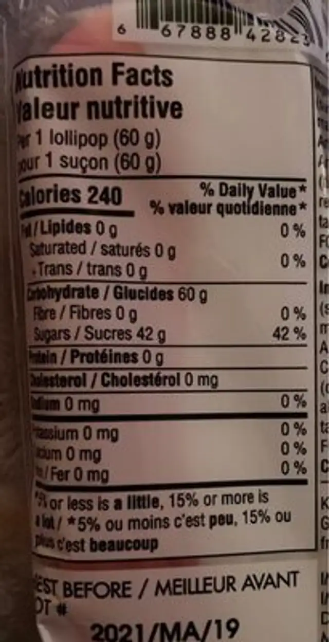 Lollipop nutrition facts table