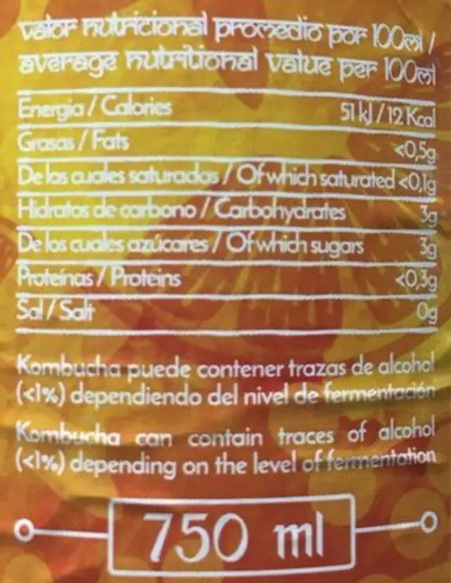 Kashaya Kombucha nutrition facts table