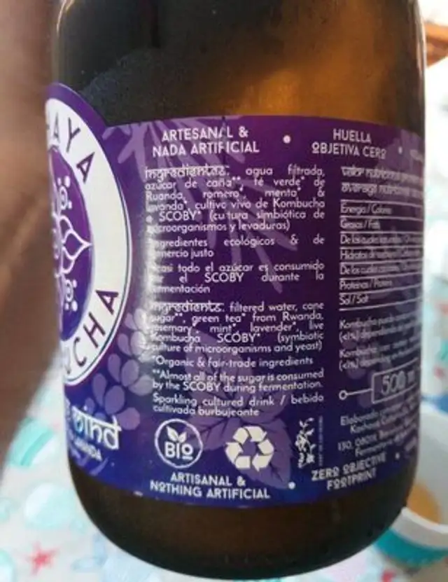 Kashaya Kombucha nutrition facts table