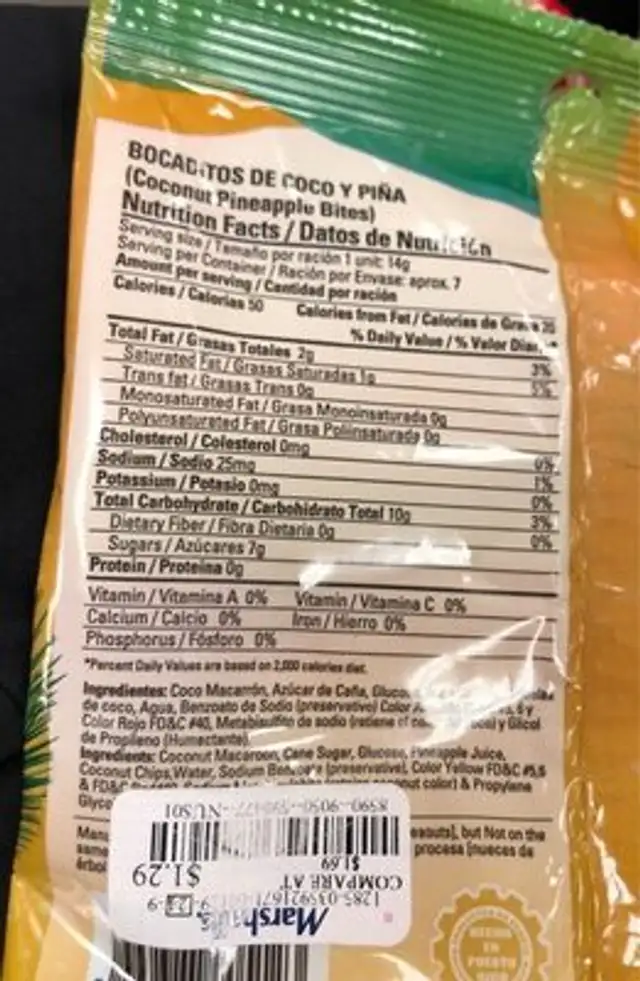 Coconut and pineapple nutrition facts table