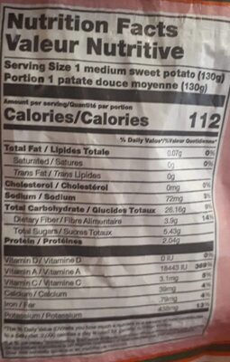 Organic Raw Sweet Potato nutrition facts table