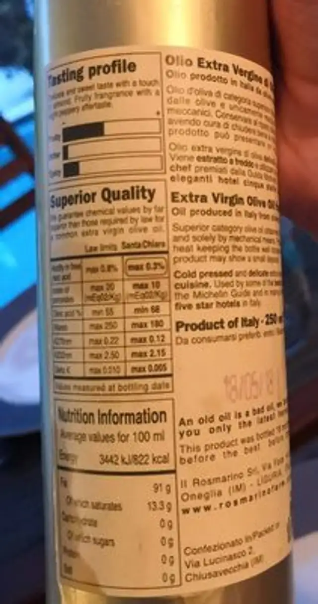 Huile D'olive Italienne Extra Vierge ingredients label
