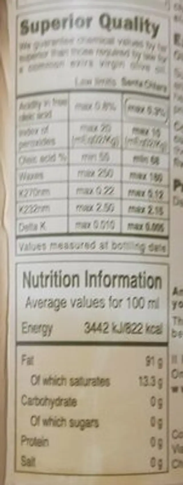 Huile D'olive Italienne Extra Vierge nutrition facts table