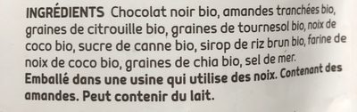 Organic Almonds Nuggets In Dark Chocolate With Super Seeds ingredients label