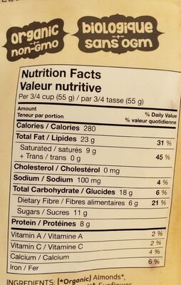 Organic Grain Free Granola nutrition facts table