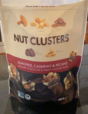 Premium Nut Clusters with Dark Chocolate & Crispy Almond Puffs front packaging