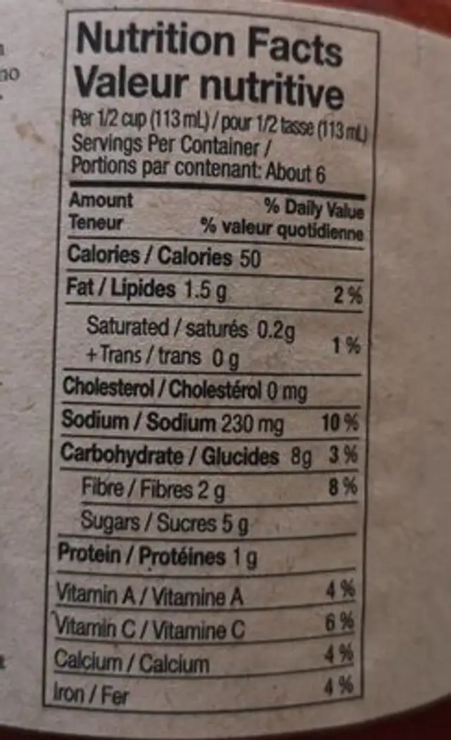 Cucina Antica Garlic Marinara nutrition facts table
