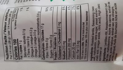Crunchy Roasted Lentils - Sea Salt and Vinegar nutrition facts table