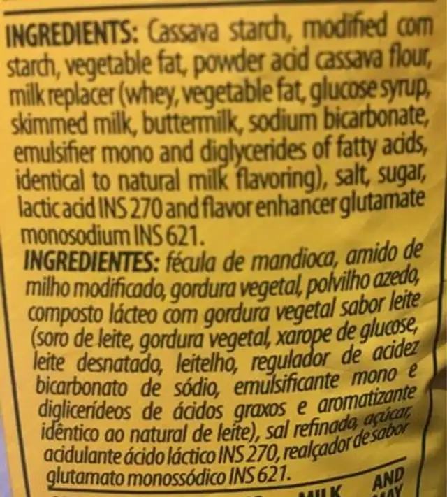Pão de queÿo ingredients label