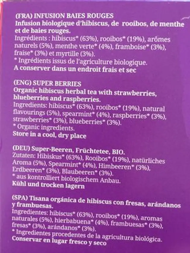 Infusion baie rouge ingredients label