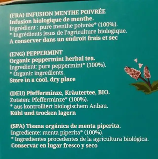 Menta Piperita Orgã Nica English Tea Shop 40G ingredients label