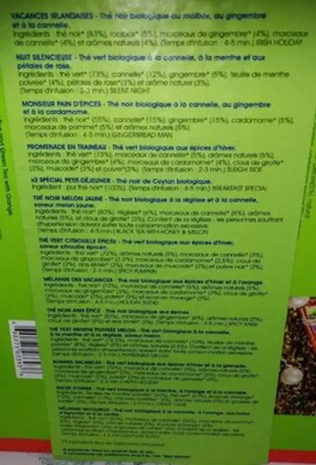 English Tea Shop Organic nutrition facts table