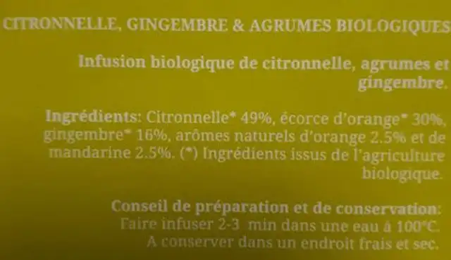 Citronelle, Gingembre et Agrumes biologiques ingredients label