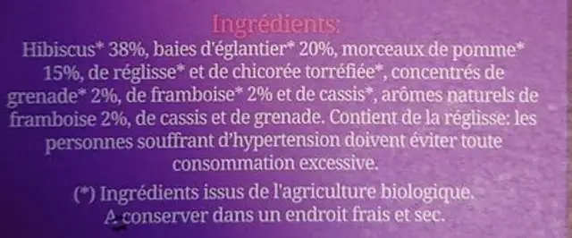 Infusion Eglantier Pomme Framboise ingredients label