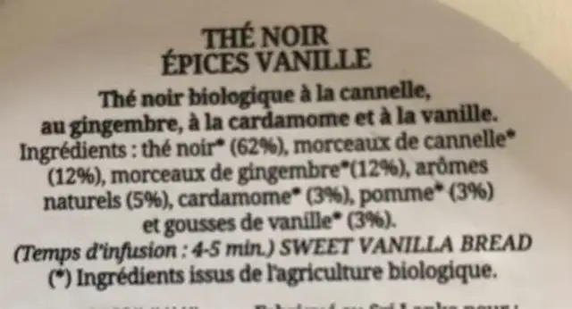 Sweet Vanilla Bread ingredients label