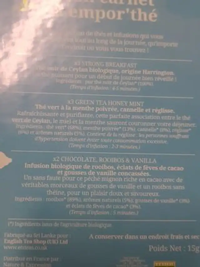English Tea Shop ingredients label