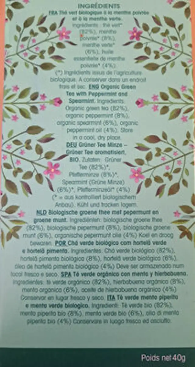 Thé Vert Menthe ingredients label
