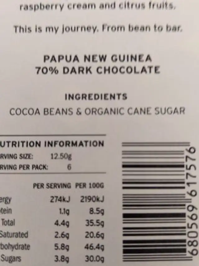 Papua new guinea 70% cacao ingredients label