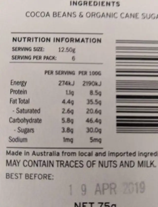 Papua new guinea 70% cacao nutrition facts table