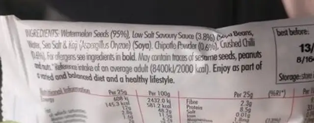 Wattermelon seeds ingredients label