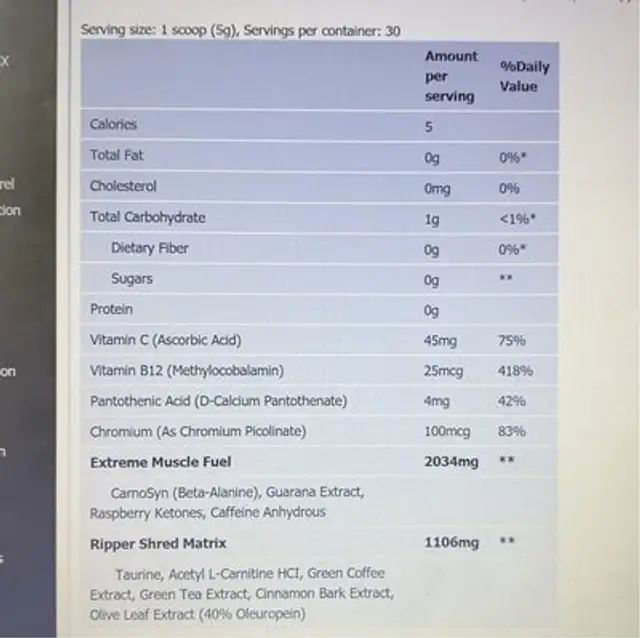 The Ripper (150GR) Cobra Labs nutrition facts table