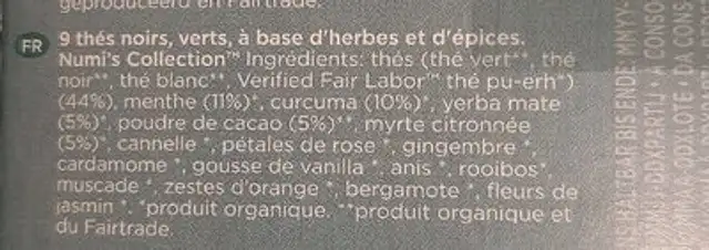 Numi's collection nutrition facts table