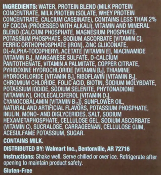 Equate Performance Protein Shake ingredients label