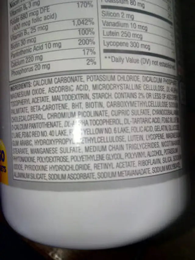 Complete Multivitamin-Adults 50+ ingredients label
